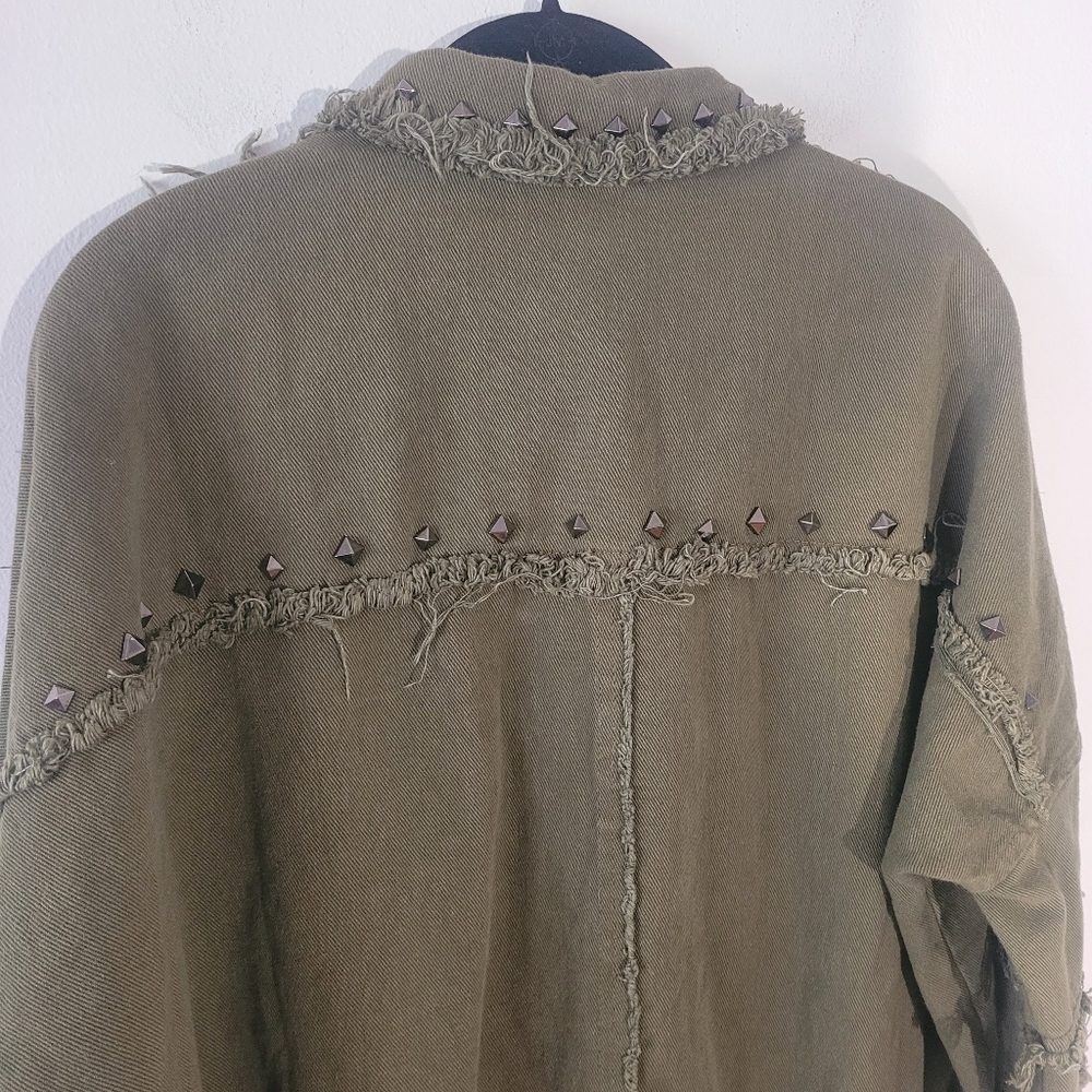 Blue B Collection Studded Army Green Jacket Midweight Cotton Military Distressed - Picture 9 of 11
